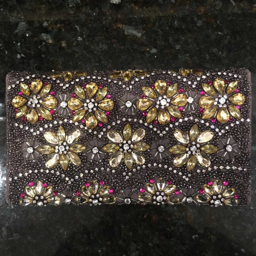 Anthropologie grey beaded clutch with gold flowers
